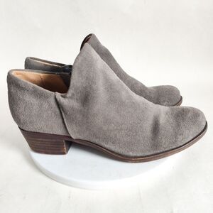 Lucky Brand Brett Gray Suede Ankle Boots‎ Size 6 Zip Low Top Boho Preppy Braided